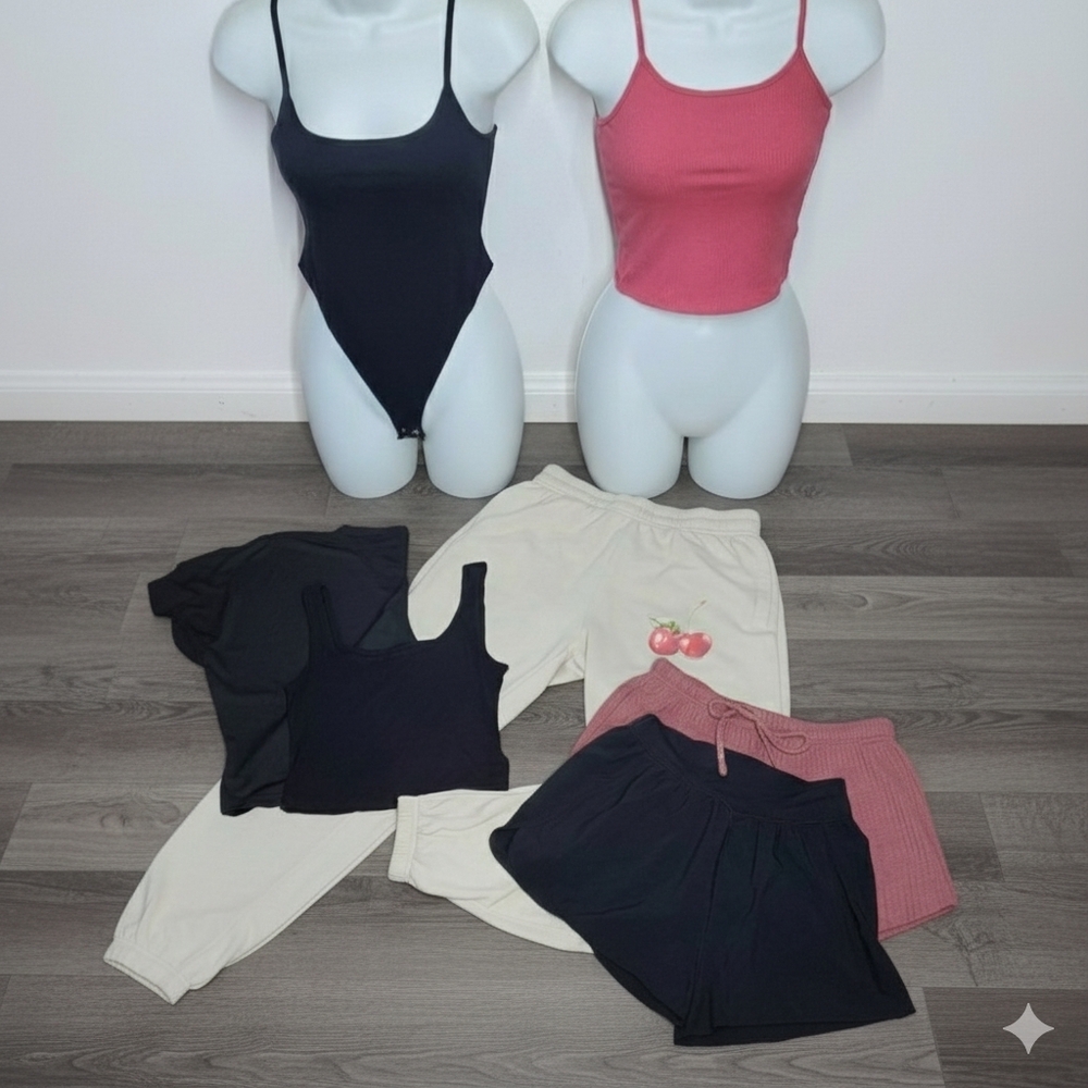 XS/S 7 Pc Bundle Jogger Pants Shorts Tank Crop Tops Body Suit X-Small Black